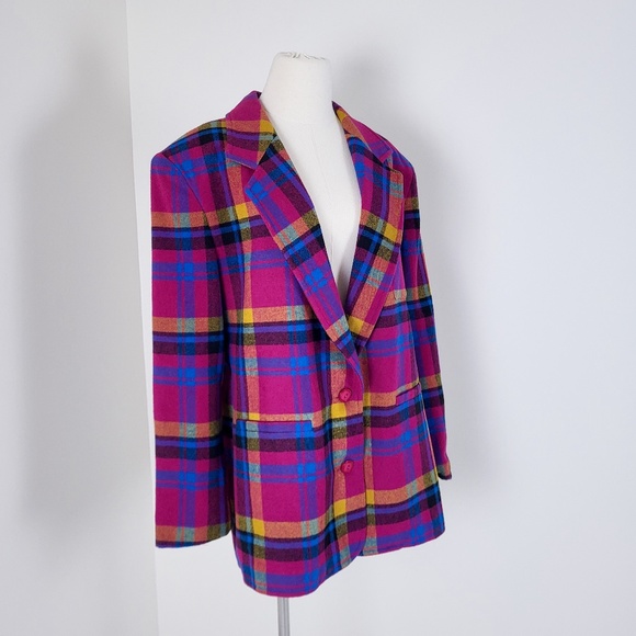 Vintage plaid blazer colourful multi-coloured bright structured shoulder pads - Picture 11 of 14